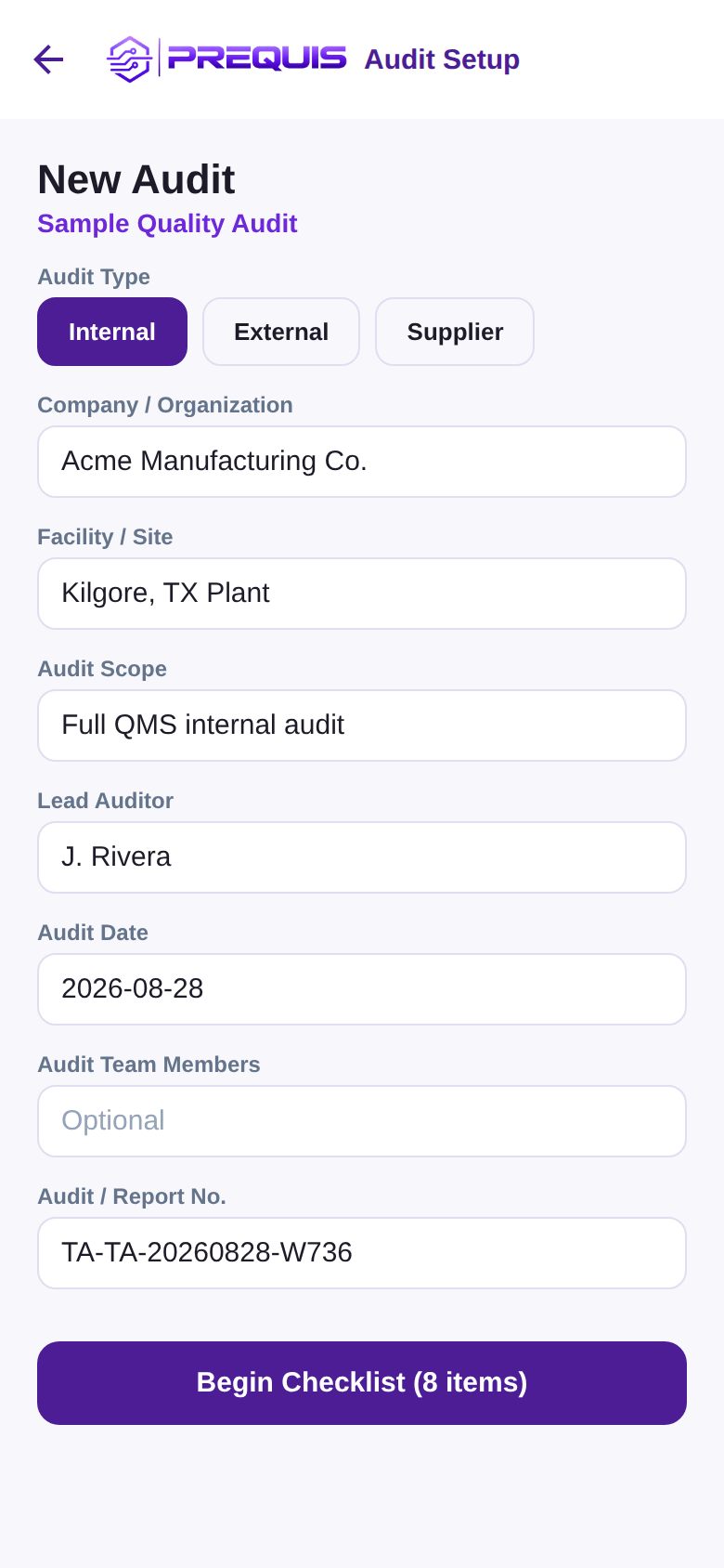 Audit setup screen with company, facility and scope fields