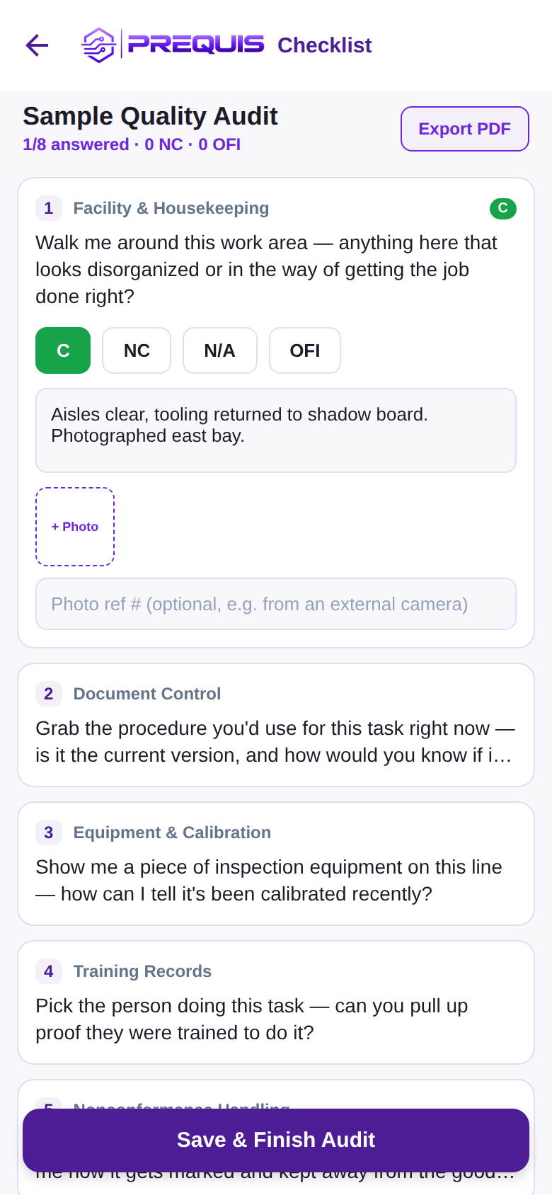 Audit checklist with conformance grading and evidence notes