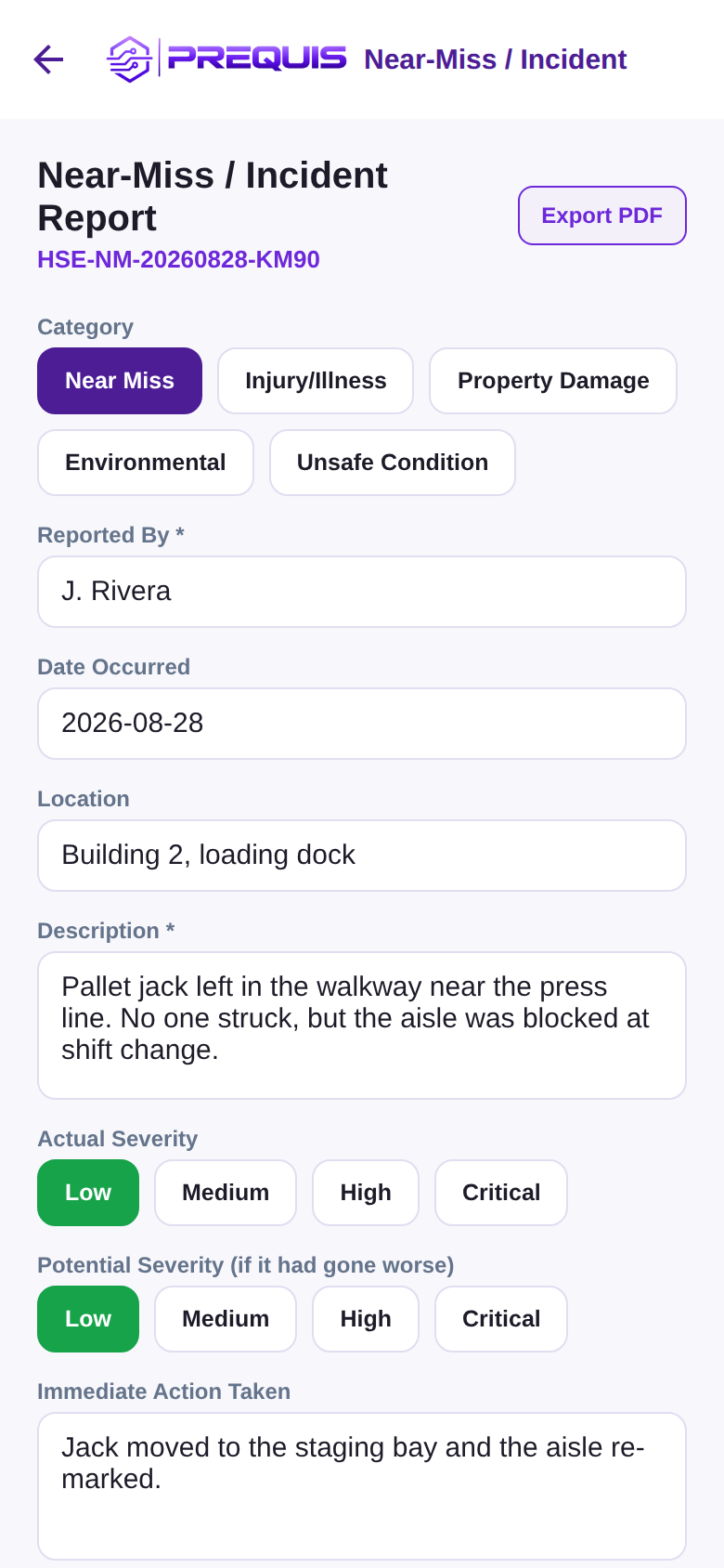 Near-miss report form with severity grading
